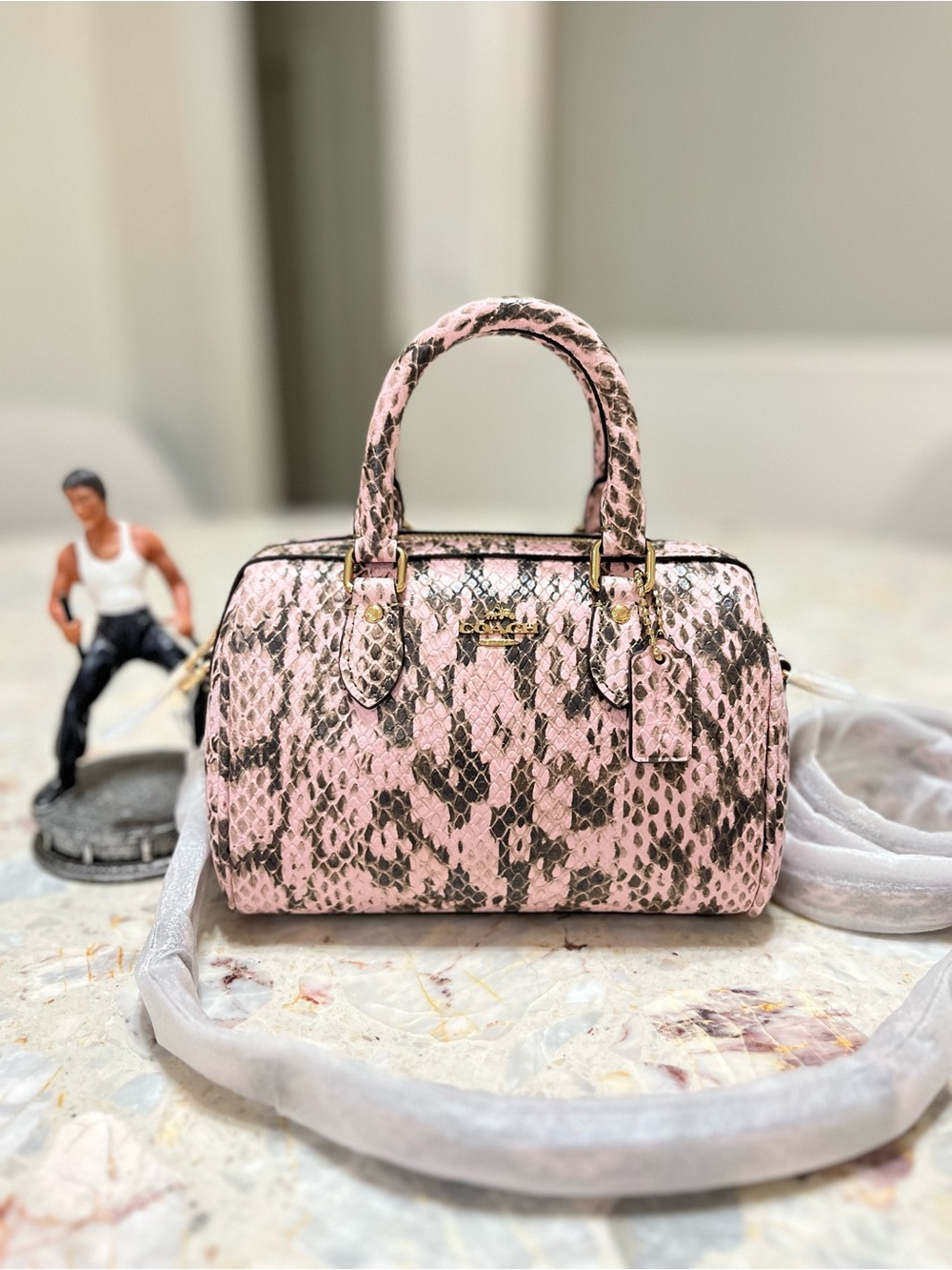 Coach Mini Rowan Crossbody Bag snake embossed leather/Gold/Pink NWT